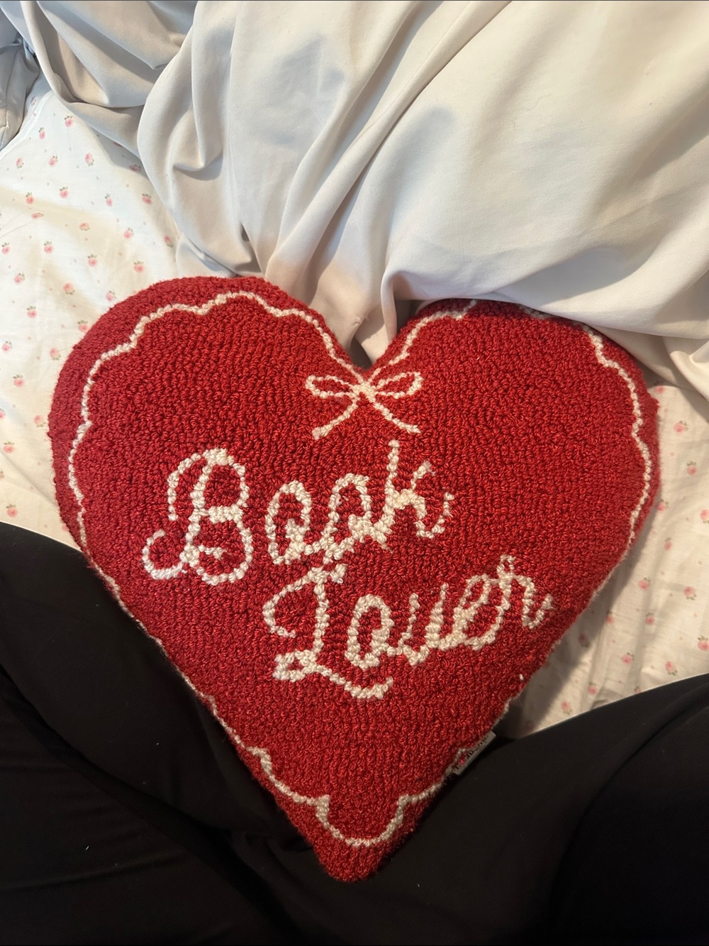 Book Lover Heart Pillow - Red & White Decorative Throw